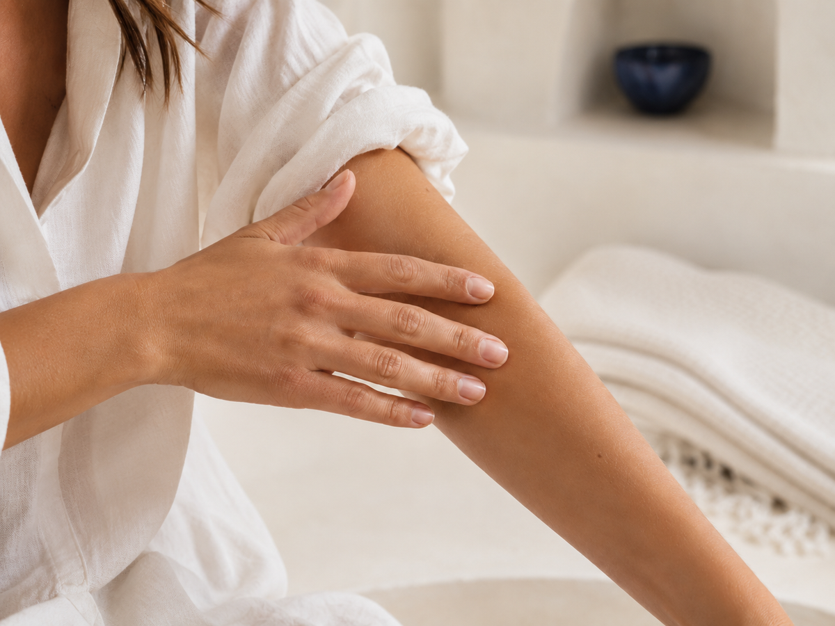 Femme exfoliant doucement la peau de son bras avec la main.