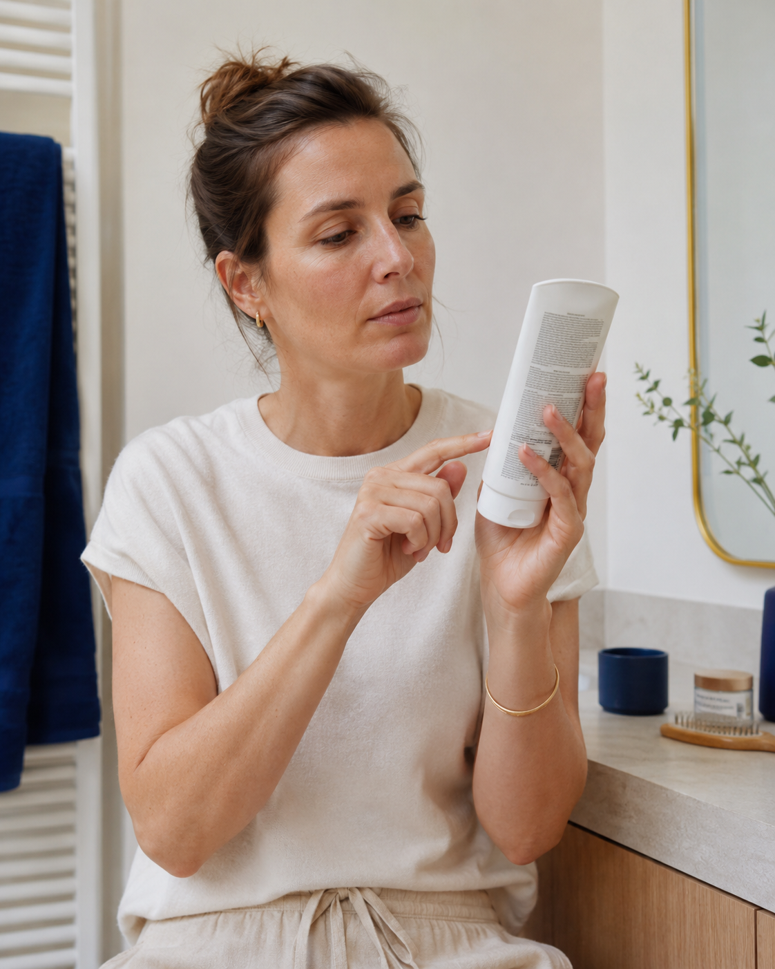 Personne lisant la liste d’ingrédients au dos d’un produit cosmétique 
