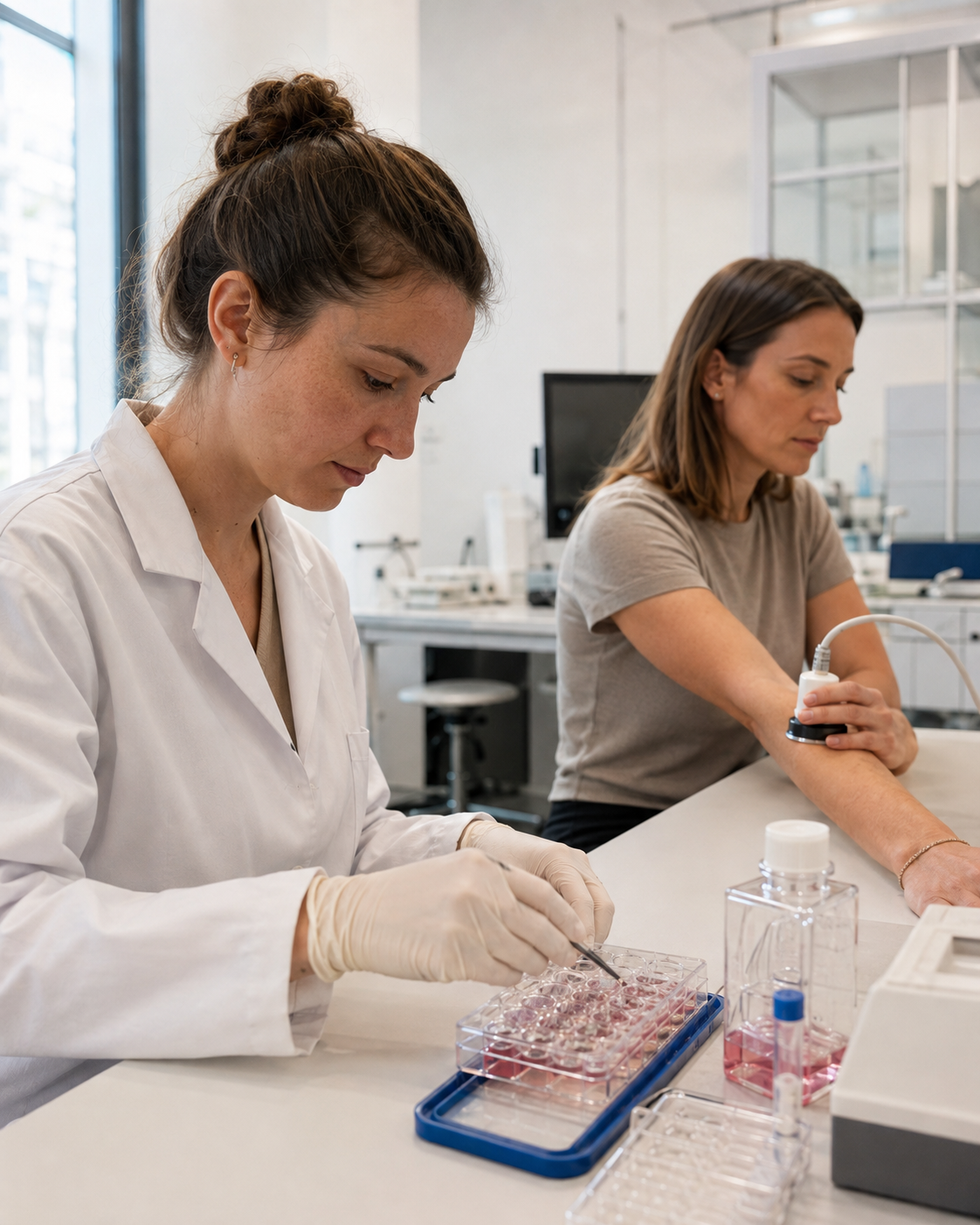 Expérience de laboratoire au premier plan et mesure cutanée sur un volontaire en arrière-plan