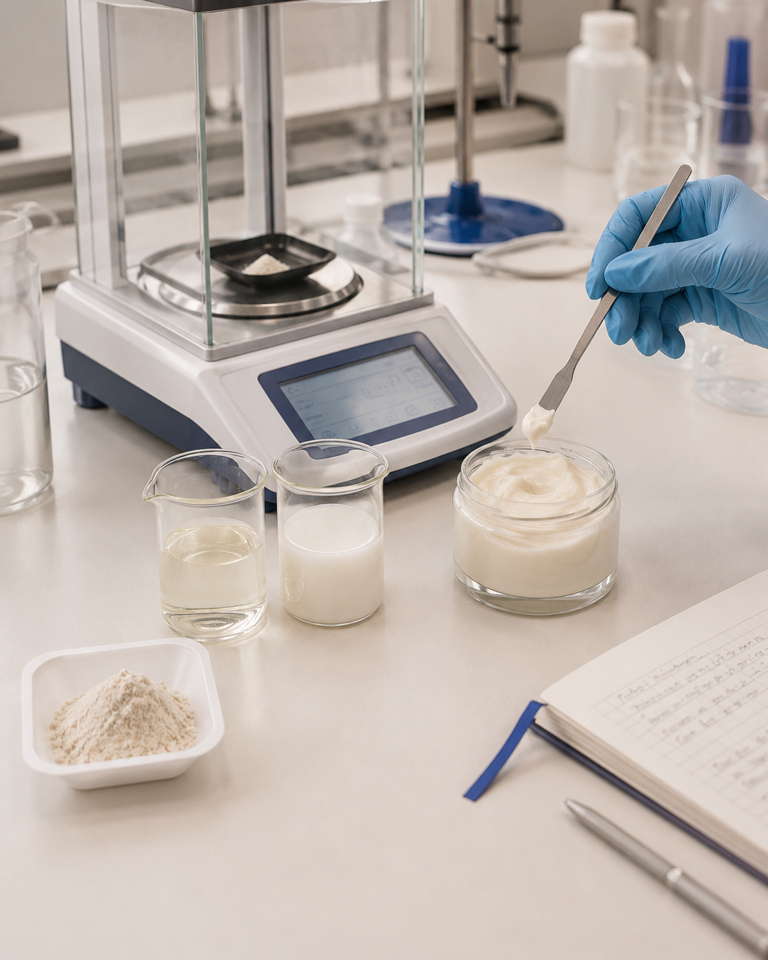 Matière première et formulations cosmétiques comparées sur une paillasse de laboratoire 
