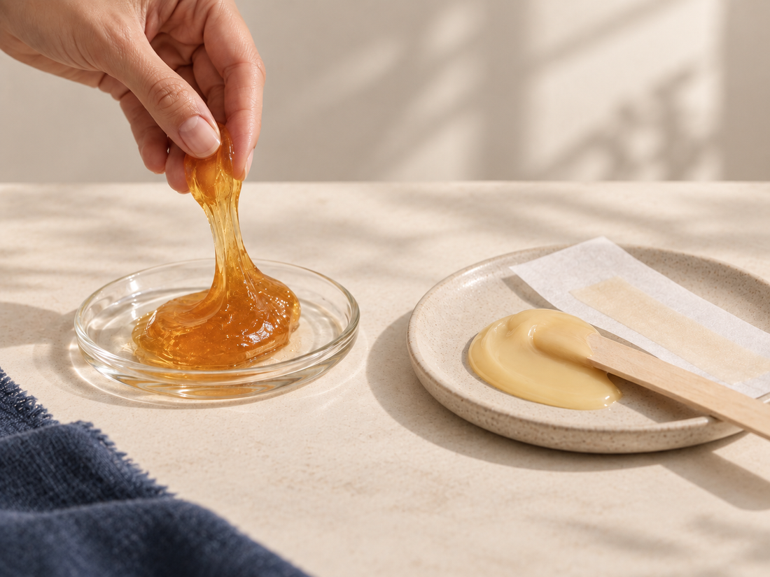 Pâte de sucre et cire présentées dans une composition éditoriale BERYT consacrée aux différences entre sugaring et épilation à la cire