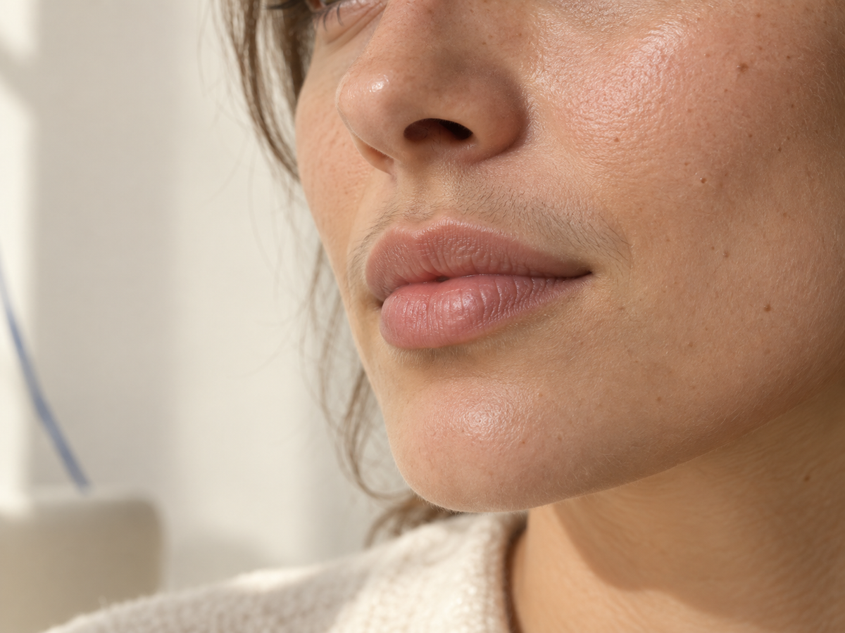 Femme adulte de profil avec de fins poils visibles au-dessus de la lèvre sous une lumière naturelle latérale.