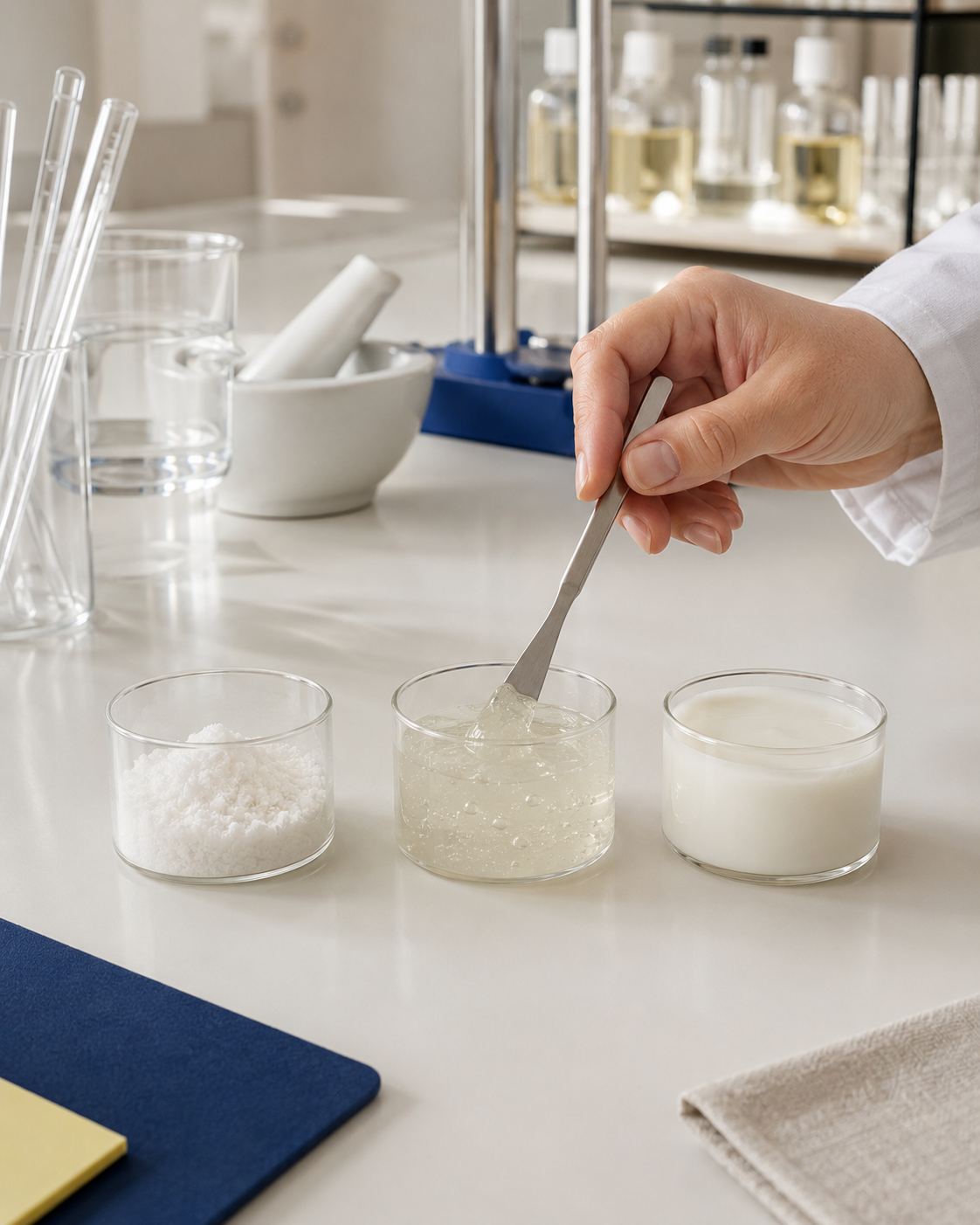 Même matière première placée entre deux formulations cosmétiques de textures différentes