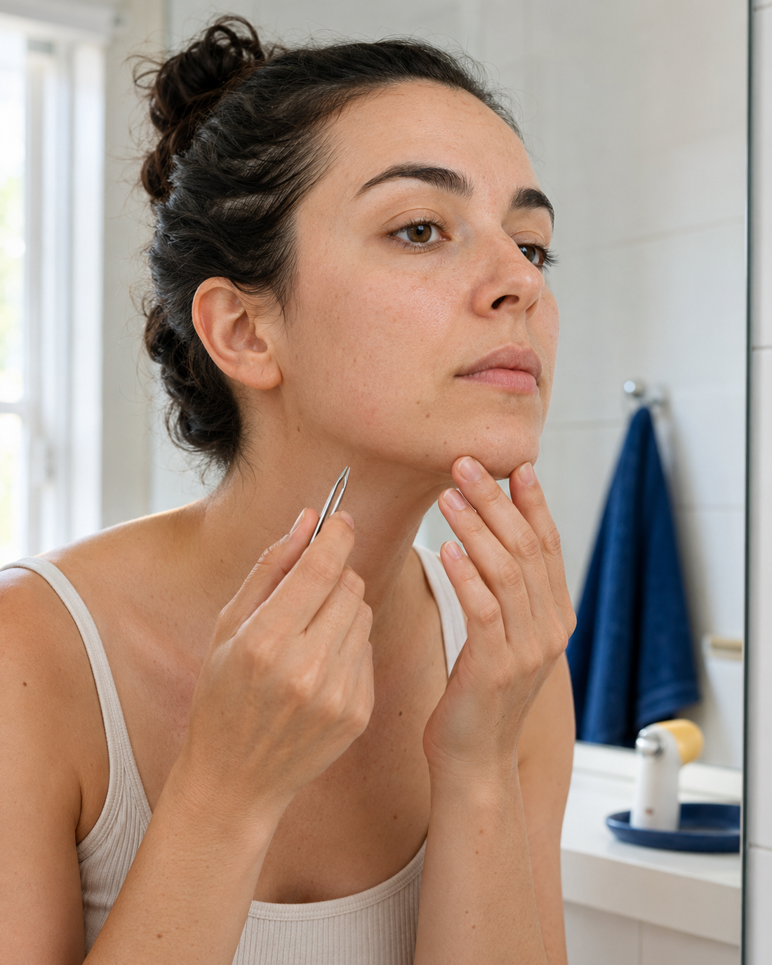 Personne examinant les poils de son menton devant un miroir avant une épilation du visage