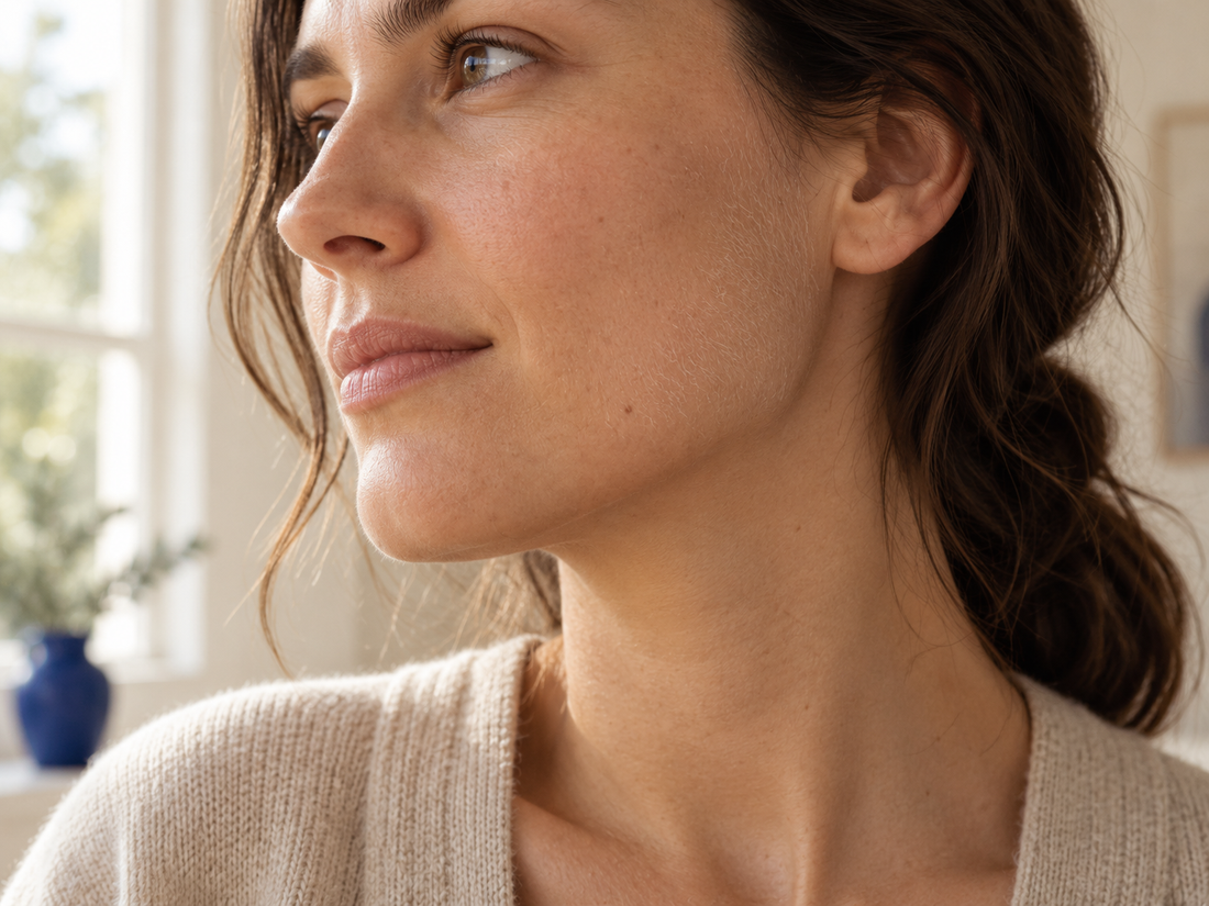Duvet fin visible sur la joue d’une femme en lumière naturelle latérale
