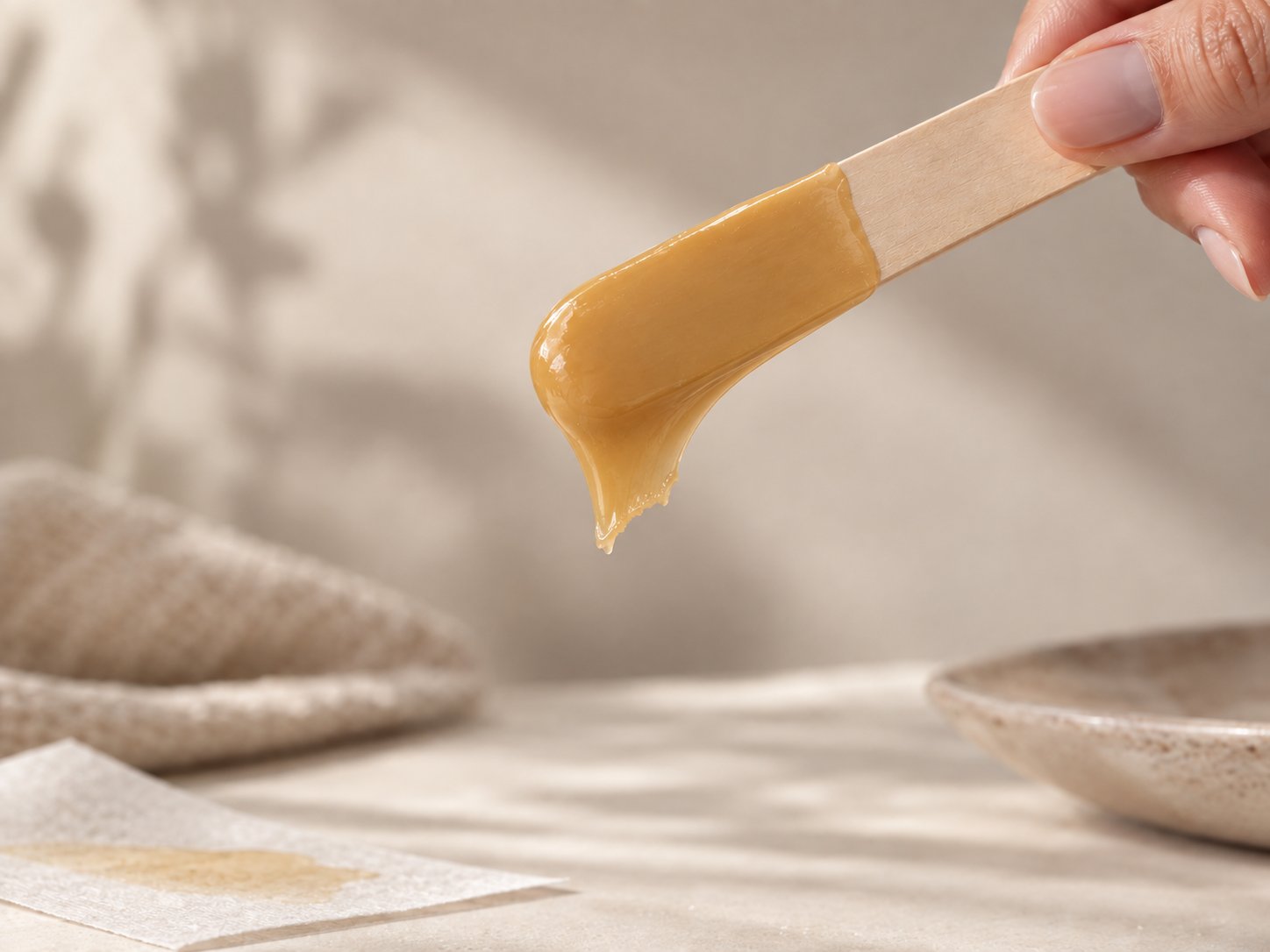 Cire d’épilation et spatule présentées dans une composition éditoriale BERYT