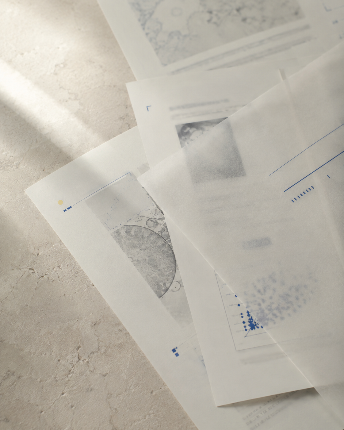 Documents scientifiques et graphiques imprimés sur des feuilles translucides disposées sur une surface claire.