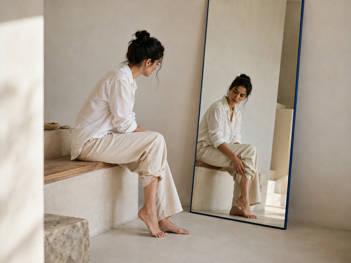 Femme observant son mollet dans un grand miroir dans un intérieur clair.